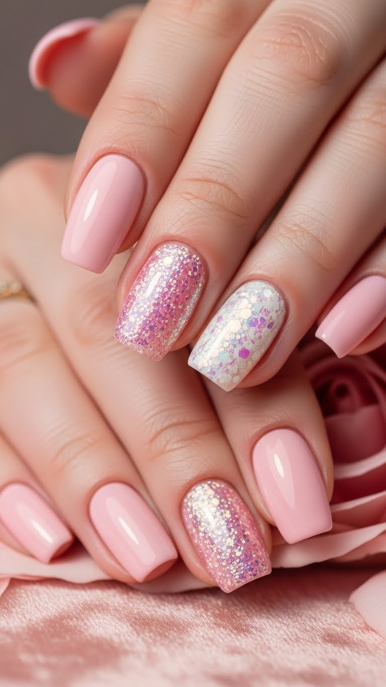 Glamorous pink and white glitter accent nails, chunky white glitter on ring finger, light pink base, on a velvet surface.