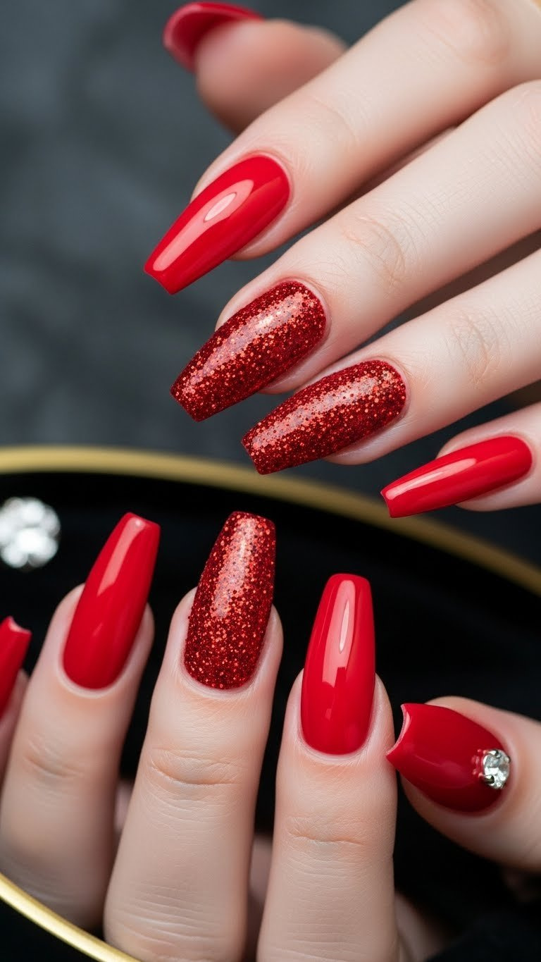 Glamorous red stiletto nails with sparkling red glitter accent on black lacquer tray, vibrant Valentine's nail design.