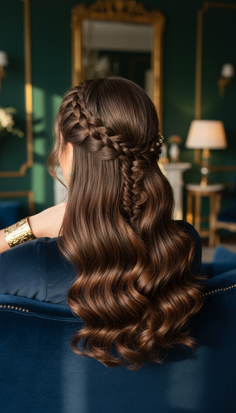 Glamorous side-swept waterfall braid with soft curls, showcasing glossy hair and a rich gold cuff bracelet on dark velvet.