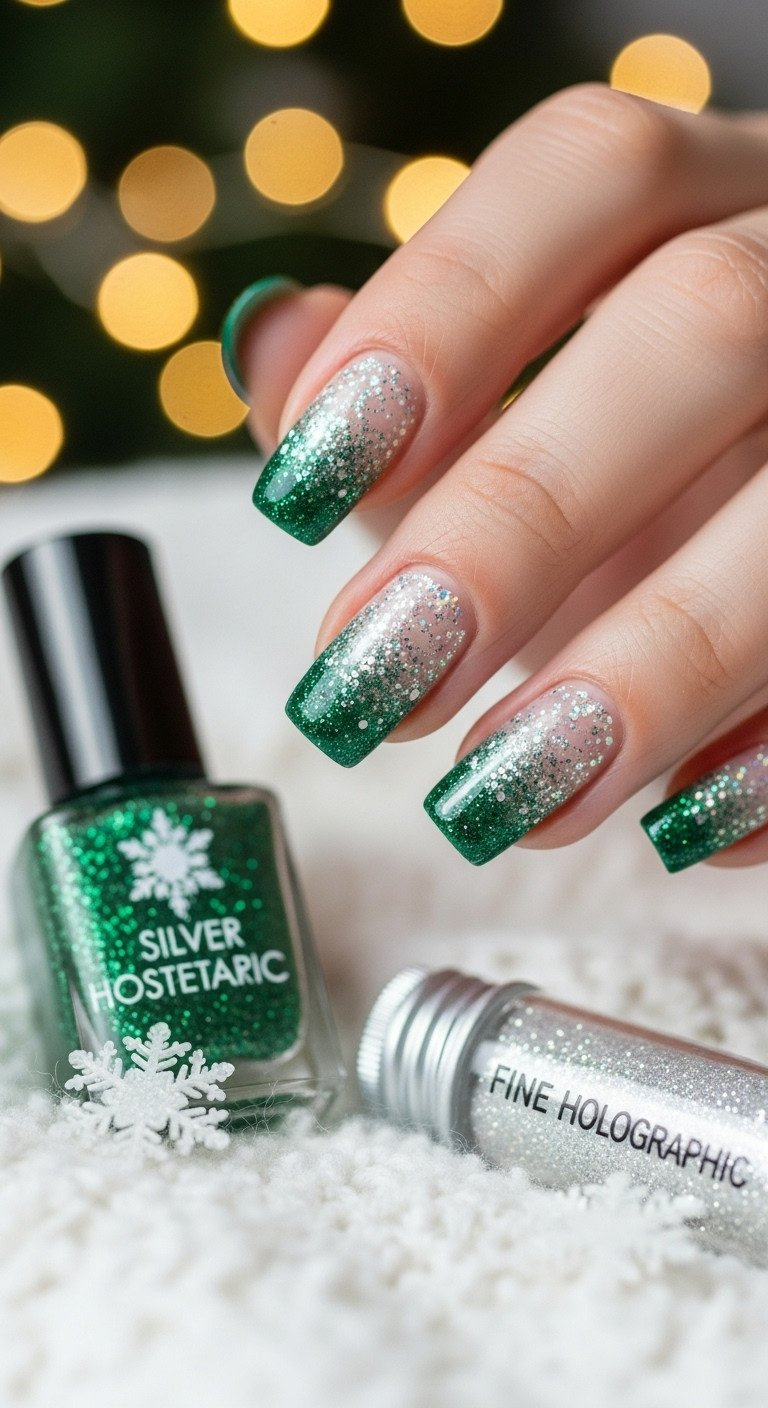 Glitter-heavy nail design featuring white and holographic silver glitter fading over a deep green base, evoking Whoville snow with Christmas lights.