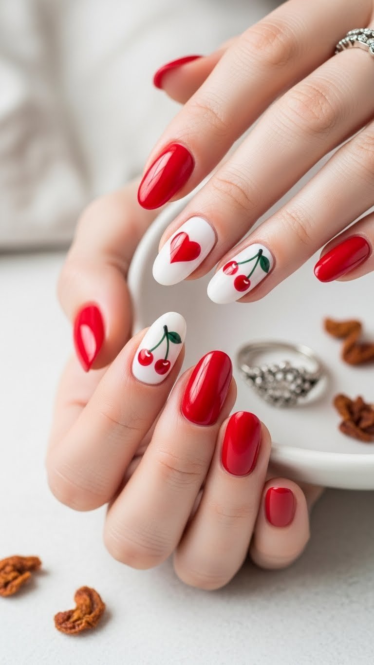 Glossy almond nails with delicate red cherry and heart nail art, an antique silver ring, on a white dish.