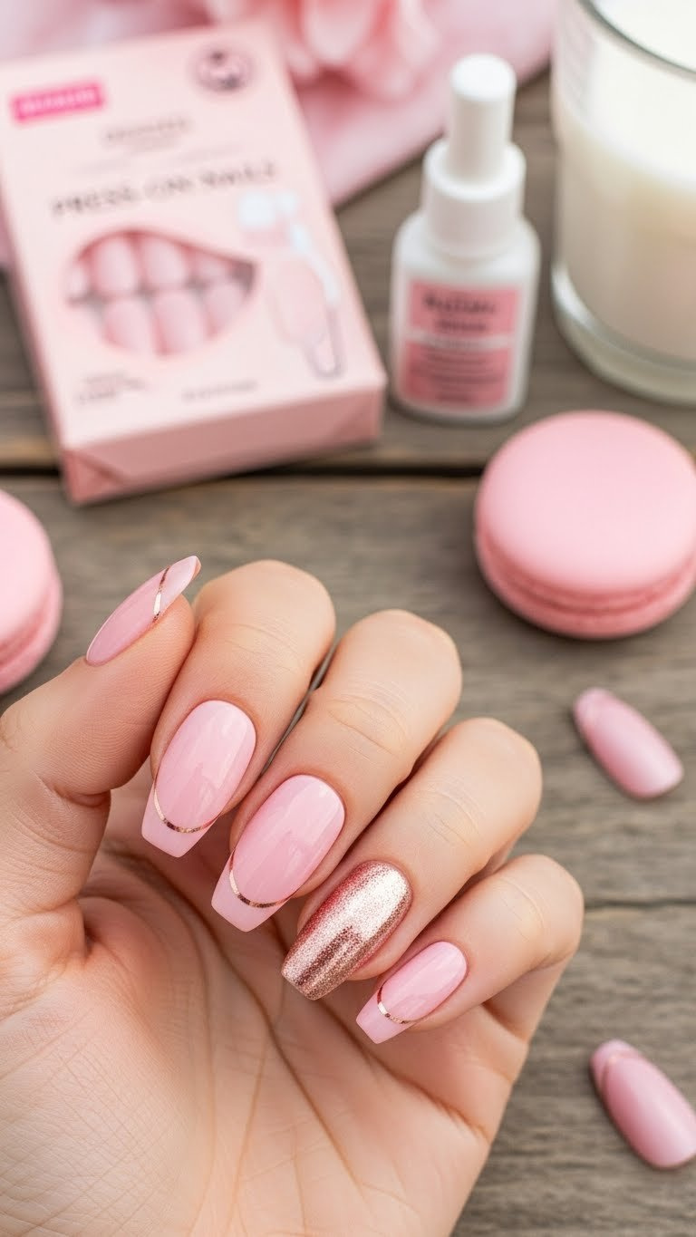Glossy baby pink almond press-on nails with a rose gold foil accent on a rustic wooden table with a macaron.