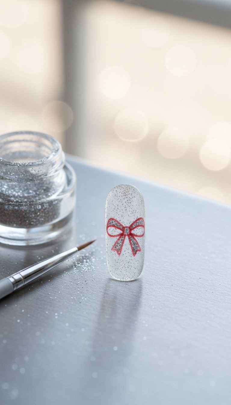 Glossy clear nails with red bow outline and silver shimmer flakes, festive, vibrant daylight, silver surface, glitter pots.