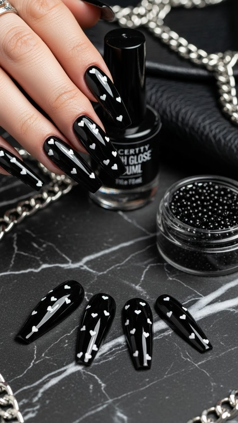 Glossy jet-black stiletto nails with tiny white heart decals, on black marble with metallic chains.