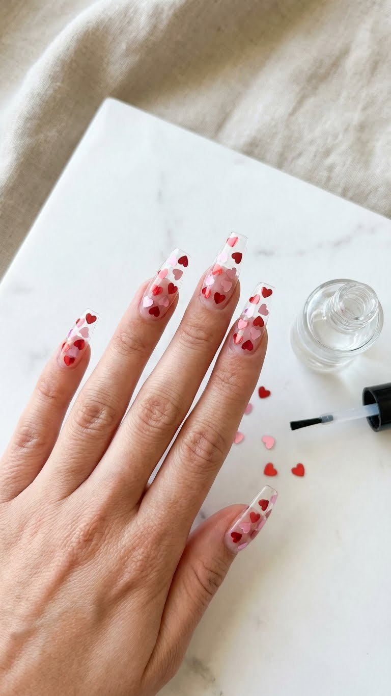 Glossy long coffin acrylic nails featuring encapsulated red and pink heart sequins with a 3D effect on a white marble countertop.