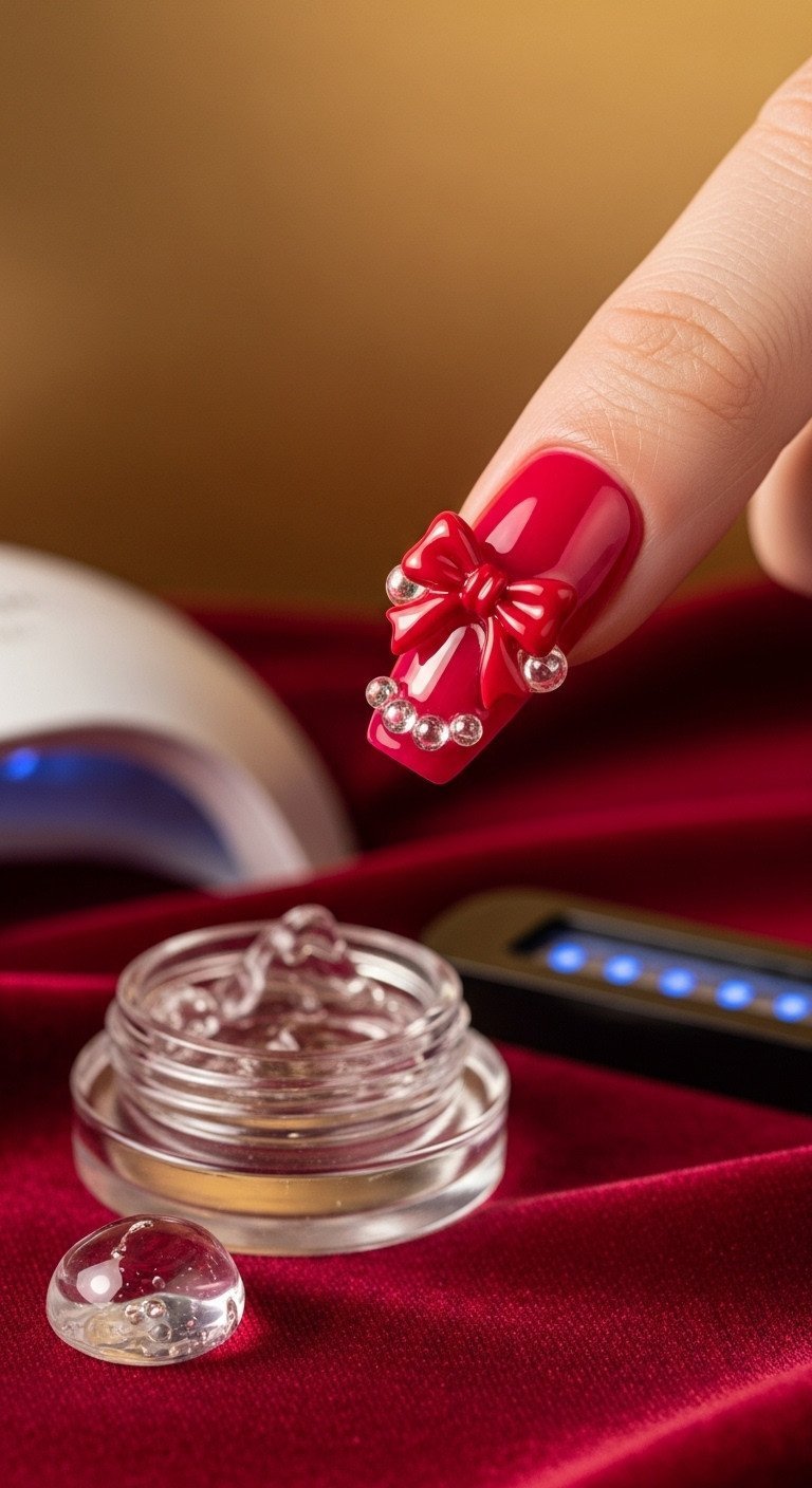 Glossy nail featuring a miniature 3D red bow-knot charm, securely attached with builder gel on metallic gold polish.