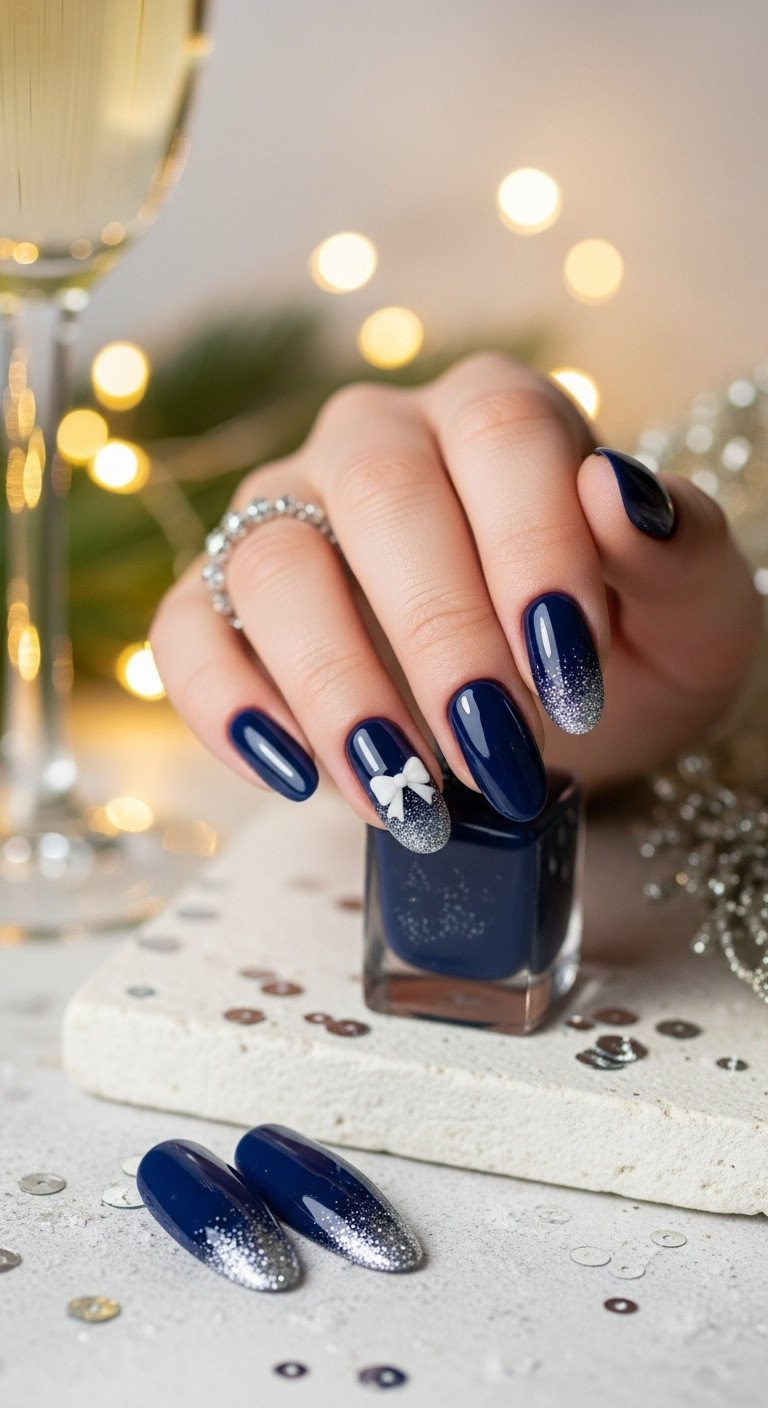 Glossy navy oval nails with silver glitter tips and a white bow decal; festive holiday manicure with sequins.