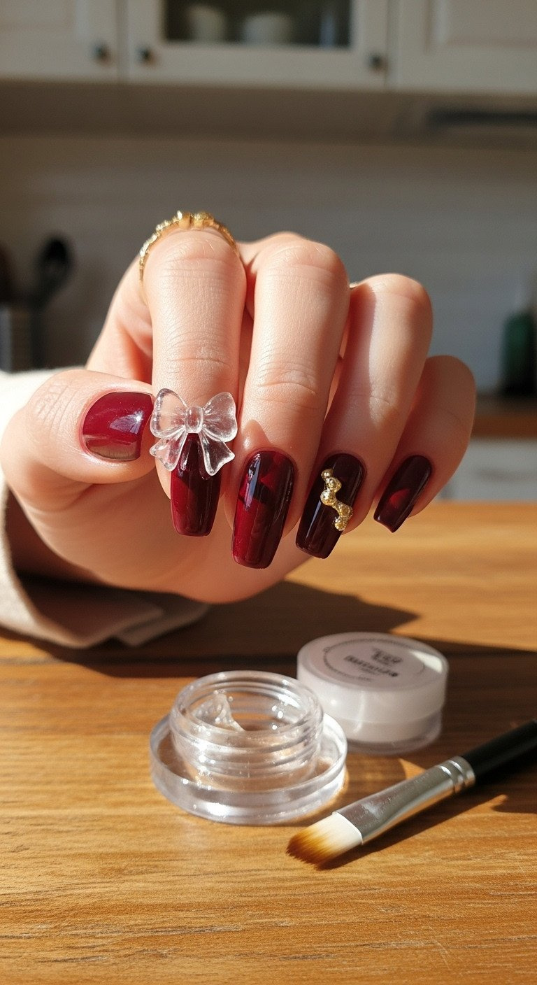 Glossy oxblood burgundy nails with a prominent clear 3D resin bow, emphasizing dimension on a rustic wooden table.
