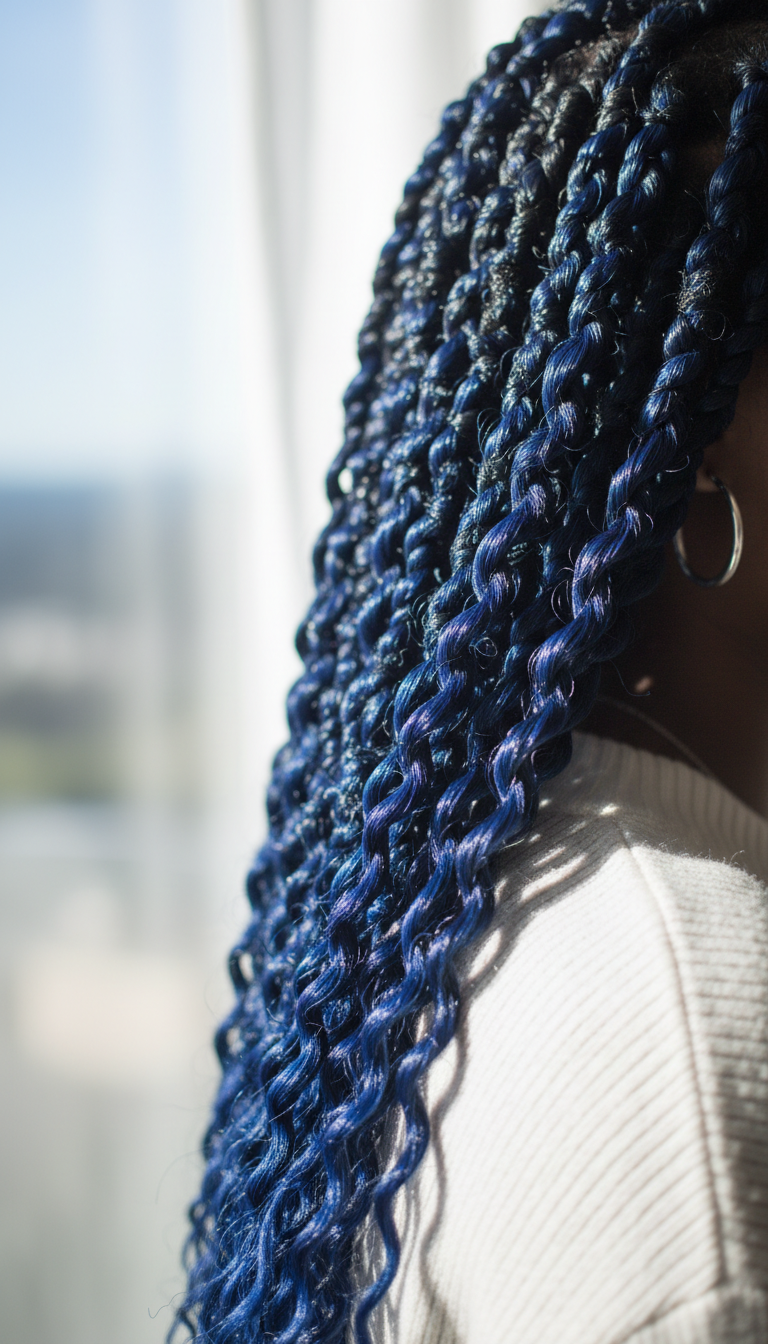 Glossy passion twists with wavy texture, casually styled over the shoulder, showcasing natural definition against a blurred landscape.