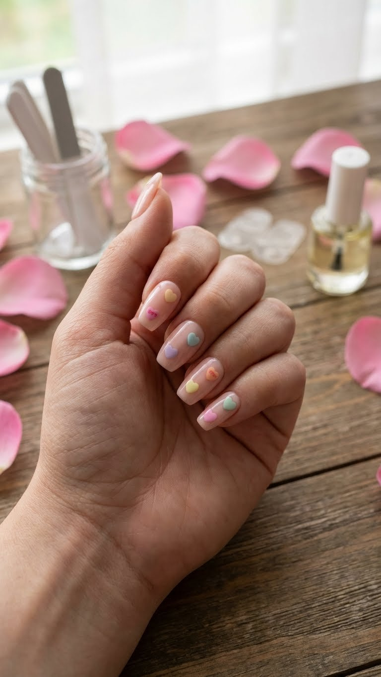 Glossy press-on candy heart nails, seamless application. Nail care tools on rustic wooden table with pink roses, soft light.
