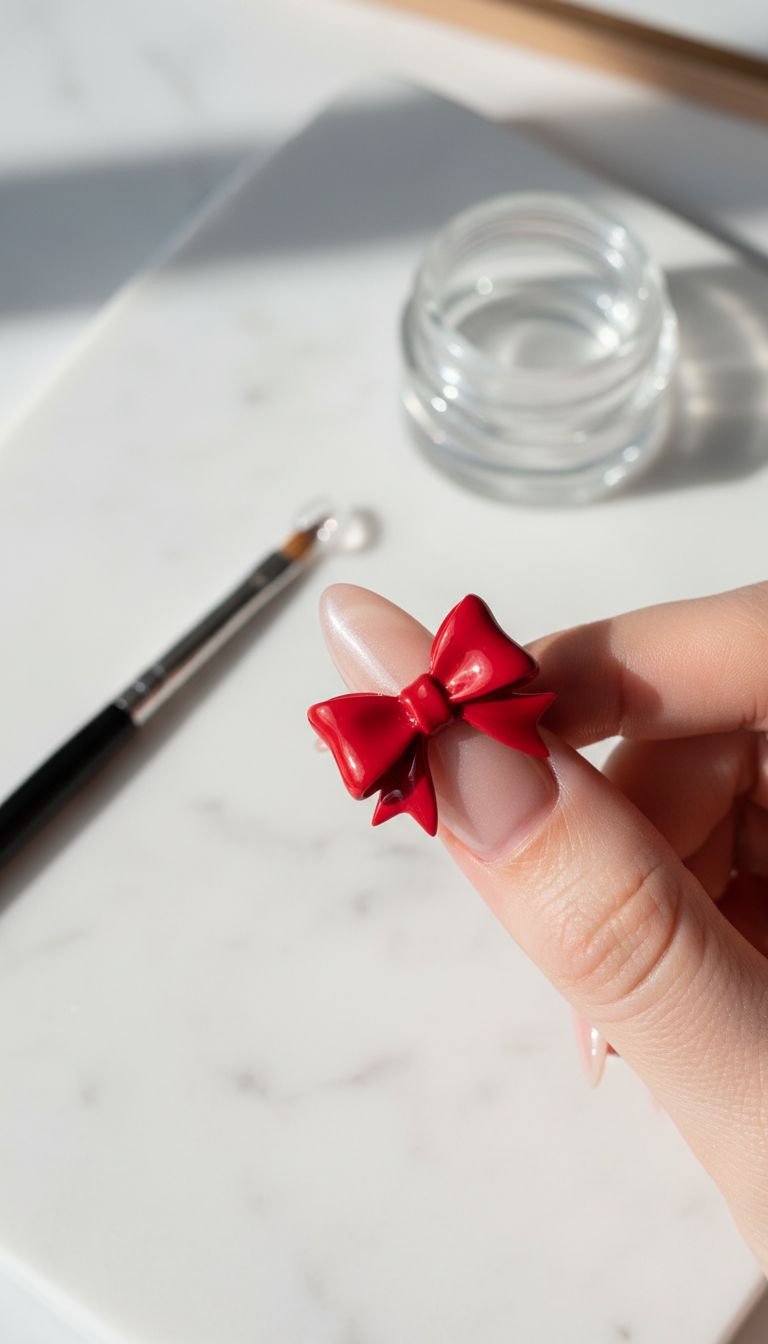 Glossy red 3D builder gel bow on an almond nail, showcasing intricate texture and dimension. Luxury nail art.