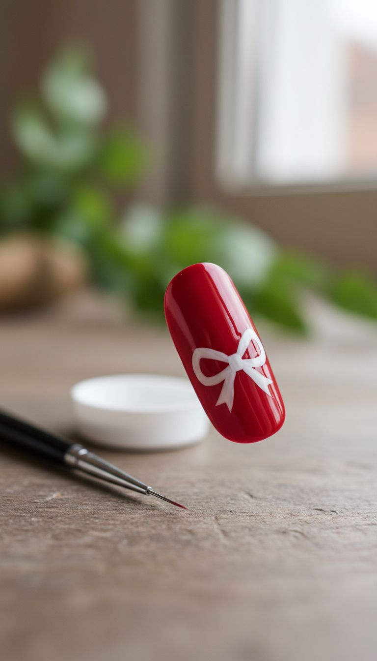 Glossy red nail with symmetrical white 2D bow art, fine-tipped brush, and white polish on rustic wood. Elegant nail design.