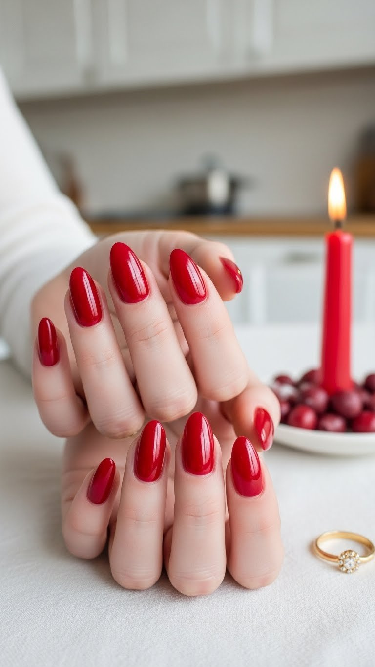 Glossy ruby red almond nails with elegant gold ring and red candle on white linen, sophisticated manicure inspiration.