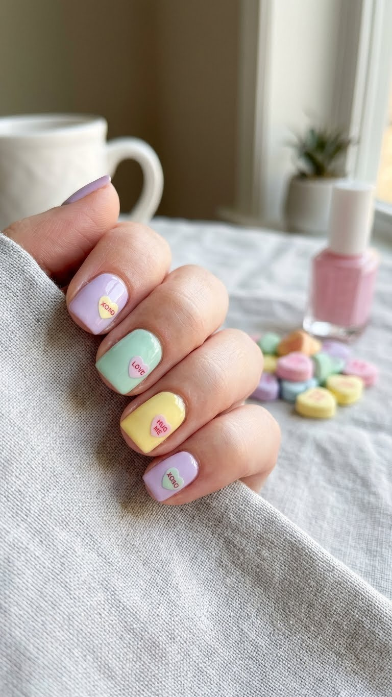 Glossy short square nails in pastel lavender, mint, yellow with candy heart decals. Perfect Valentine's nail art on linen with polish.