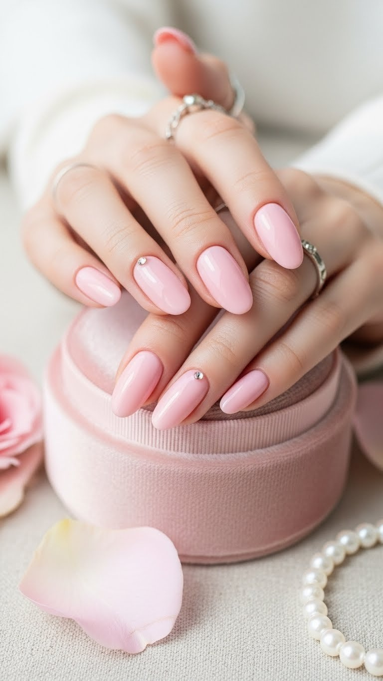 Glossy strawberry milk pink oval nails with a sheer finish and tiny rhinestone on a pink velvet box with rose petals.