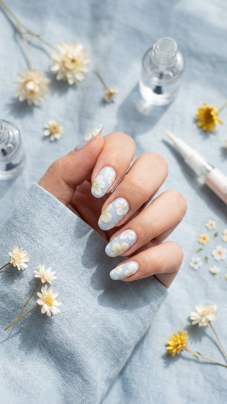 Gorgeous blooming gel flower nails: white & pale yellow flowers on sheer pale blue base. Delicate floral gel art, linen flat lay.