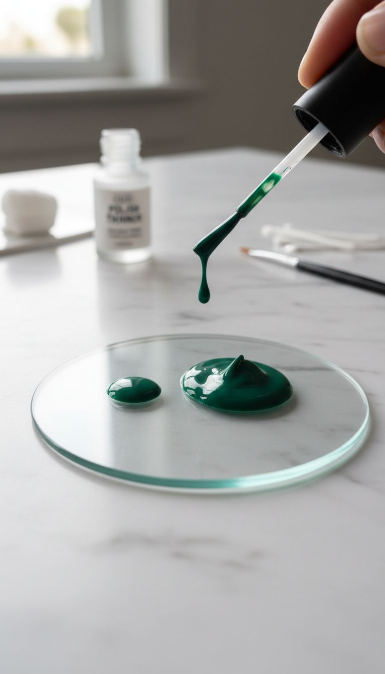 Green nail polish consistency: striper brush shows thin vs. thick polish on marble.