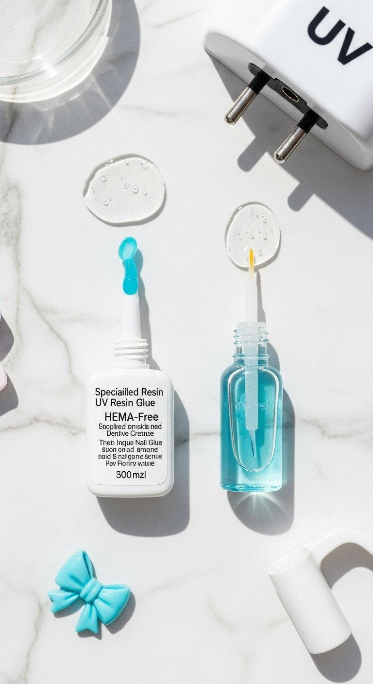 HEMA-free UV resin nail glue compared to standard liquid adhesive, ideal for 3D bow charms, on a white porcelain surface.