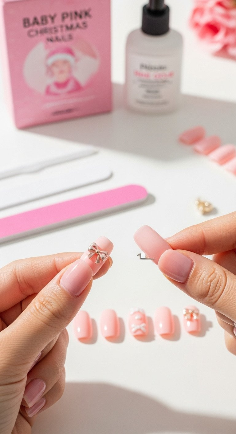 Hand applying baby pink press-on nails with bow charm, showing easy application process, with nail glue and file.