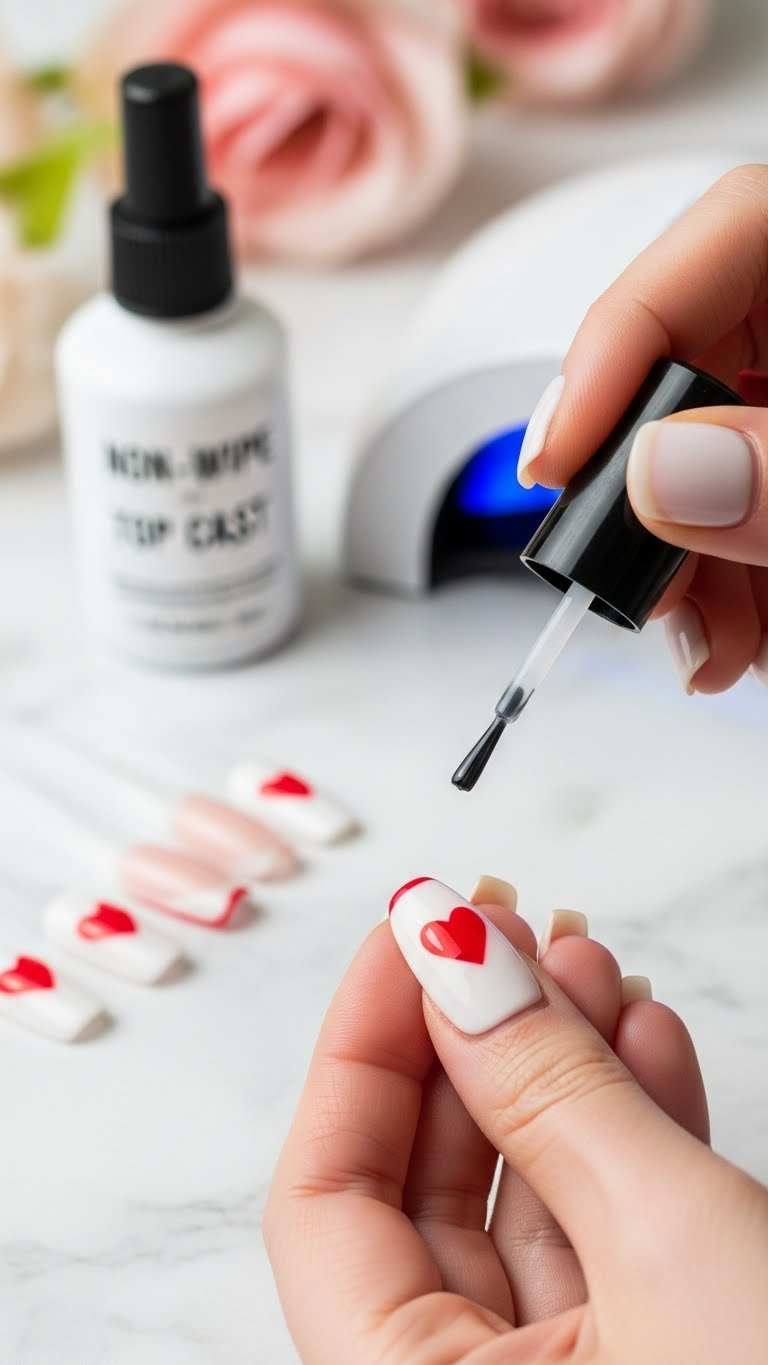Hand applying glossy top coat over magnetic nail design, showcasing smooth liquid texture on marble with UV lamp.