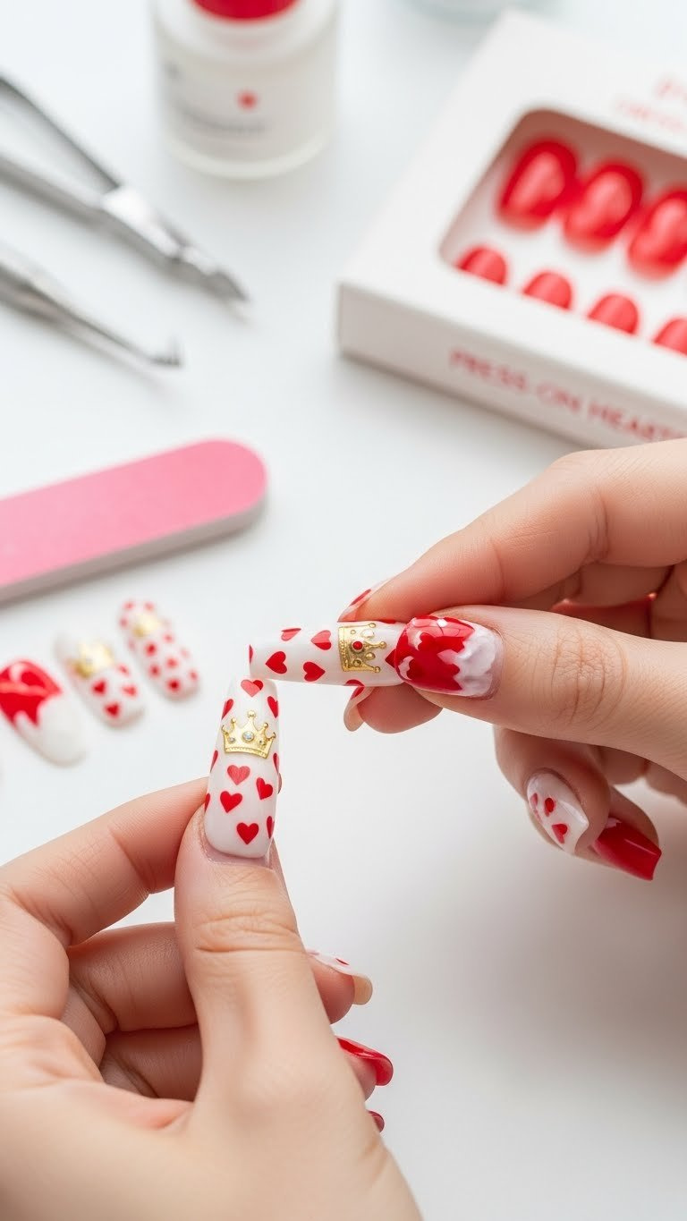 Hand applying long coffin Queen of Hearts press-on nail with gold crowns and heart decals. DIY manicure.