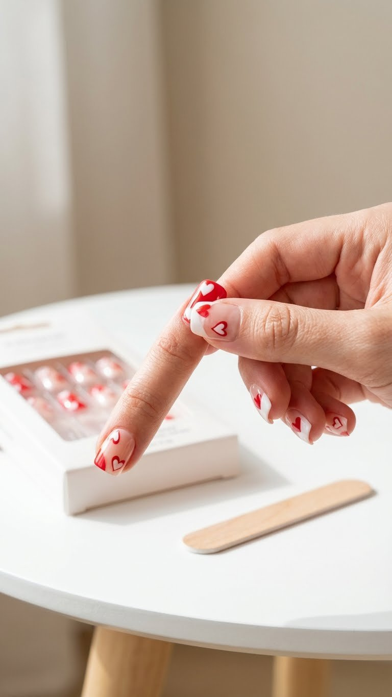 Hand applying short square red and white heart press-on nails. Displays DIY application with a nail file and package.
