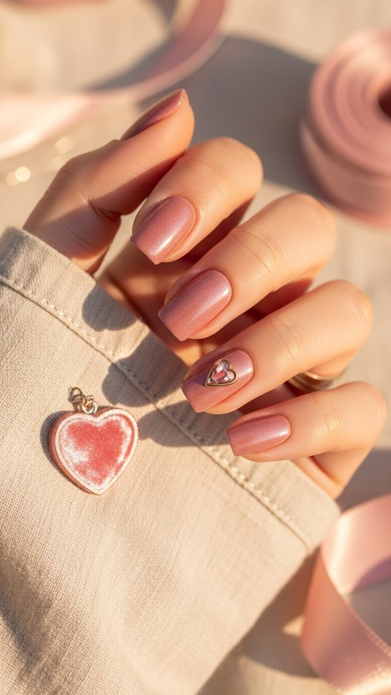 Hand displaying velvety rose gold magnetic Valentine nails with a soft velvet texture on a linen tablecloth, elegant and inviting.