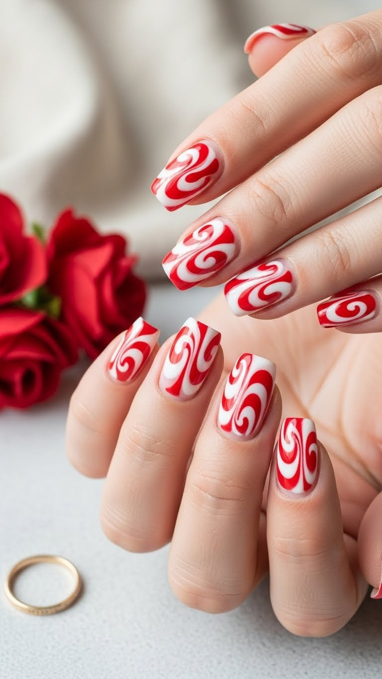 Hand displays a glossy classic red & white sweetheart swirl manicure on a sheer pink base. Elegant nail art with a gold ring and red faux roses.