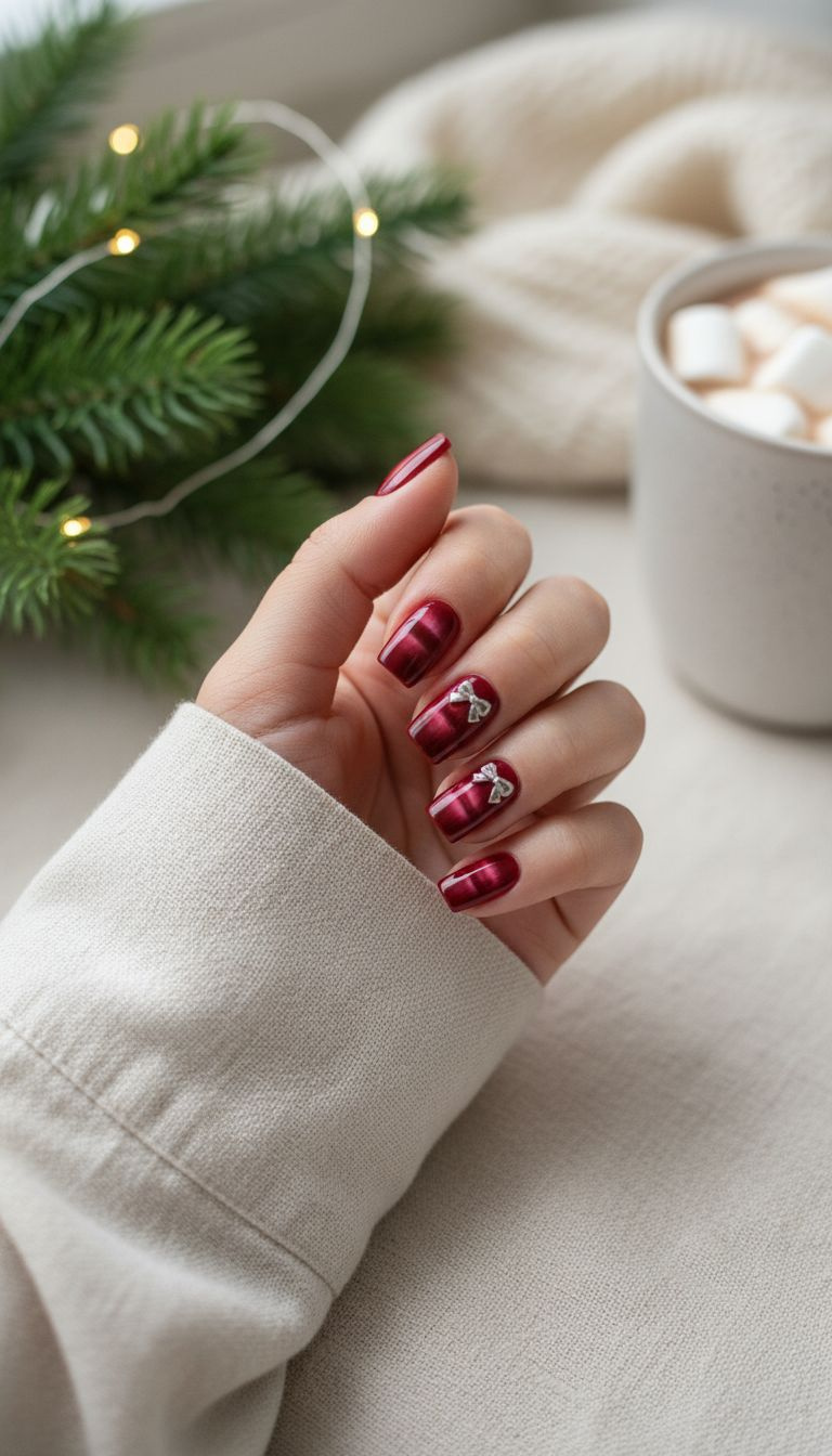 Hand displays red Cat Eye press-on nails with silver bows, holiday-themed for Christmas manicure.