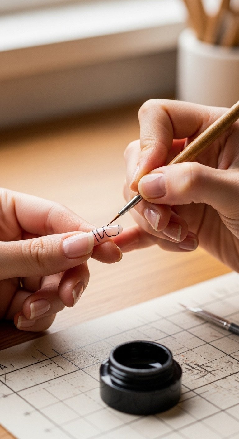 Hand drawing fine black wire nail art line on nude base with detail brush, pinky anchored on rustic table, gel paint.