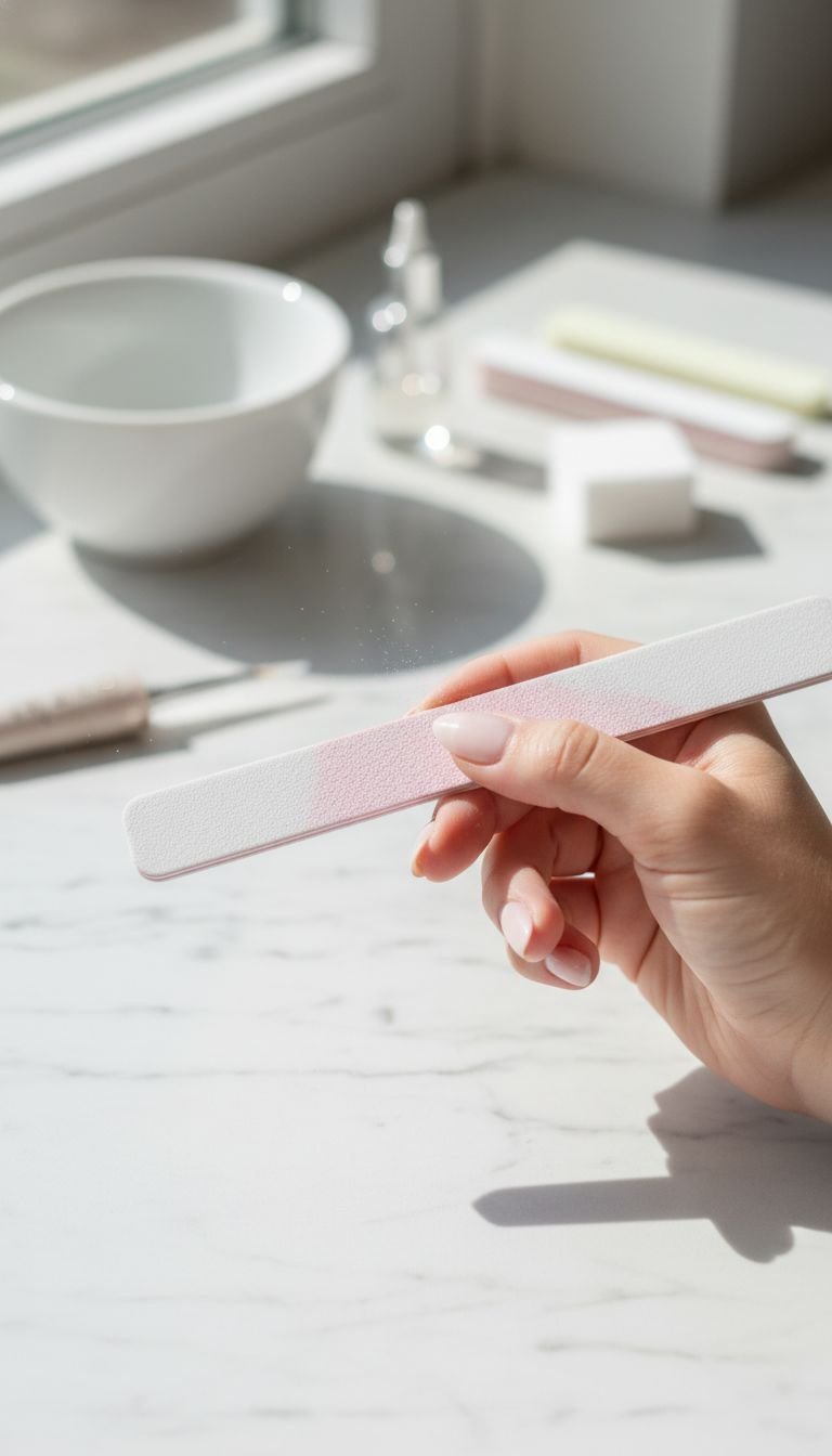 Hand expertly filing an almond nail shape with a high-grit file on a marble spa counter. Focus on nail care technique.