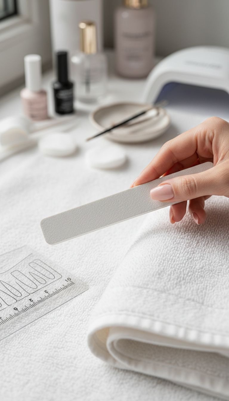 Hand filing medium acrylic coffin nails for shaping, demonstrating correct taper technique with a 100/180 grit file.