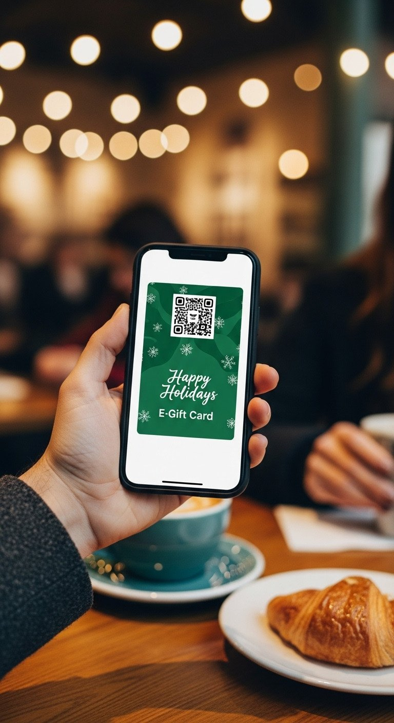 Hand holding a smartphone with a digital coffee shop holiday gift card and QR code displayed on screen in a cozy cafe.