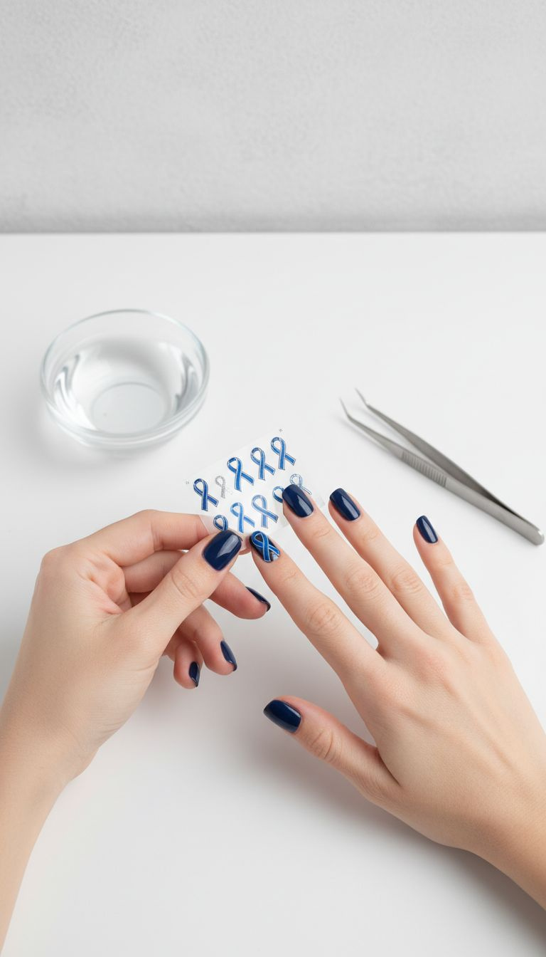 Hand holding blue and silver ribbon nail decals, positioning one on a glossy dark blue manicured accent nail for application.