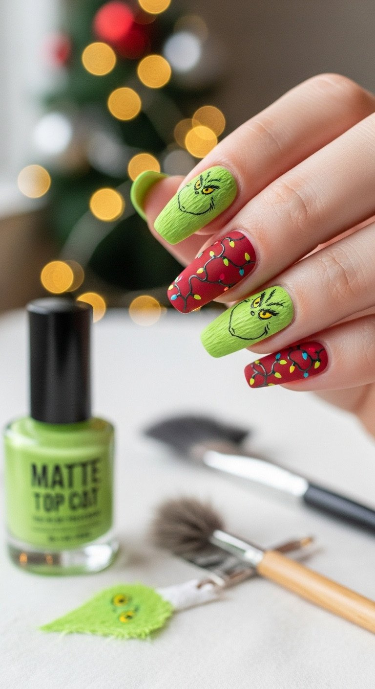 Hand holds fuzzy, dimensional matte green Grinch nail with fur texture. Dark red accent nail, blurred Christmas lights background.