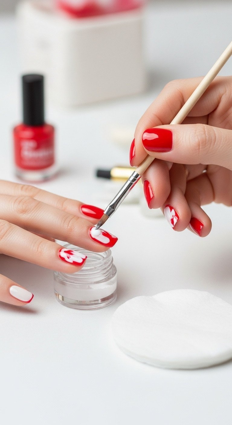 Hand meticulously refining cuticle edge of a red and white nail design with an angled cleanup brush and acetone.