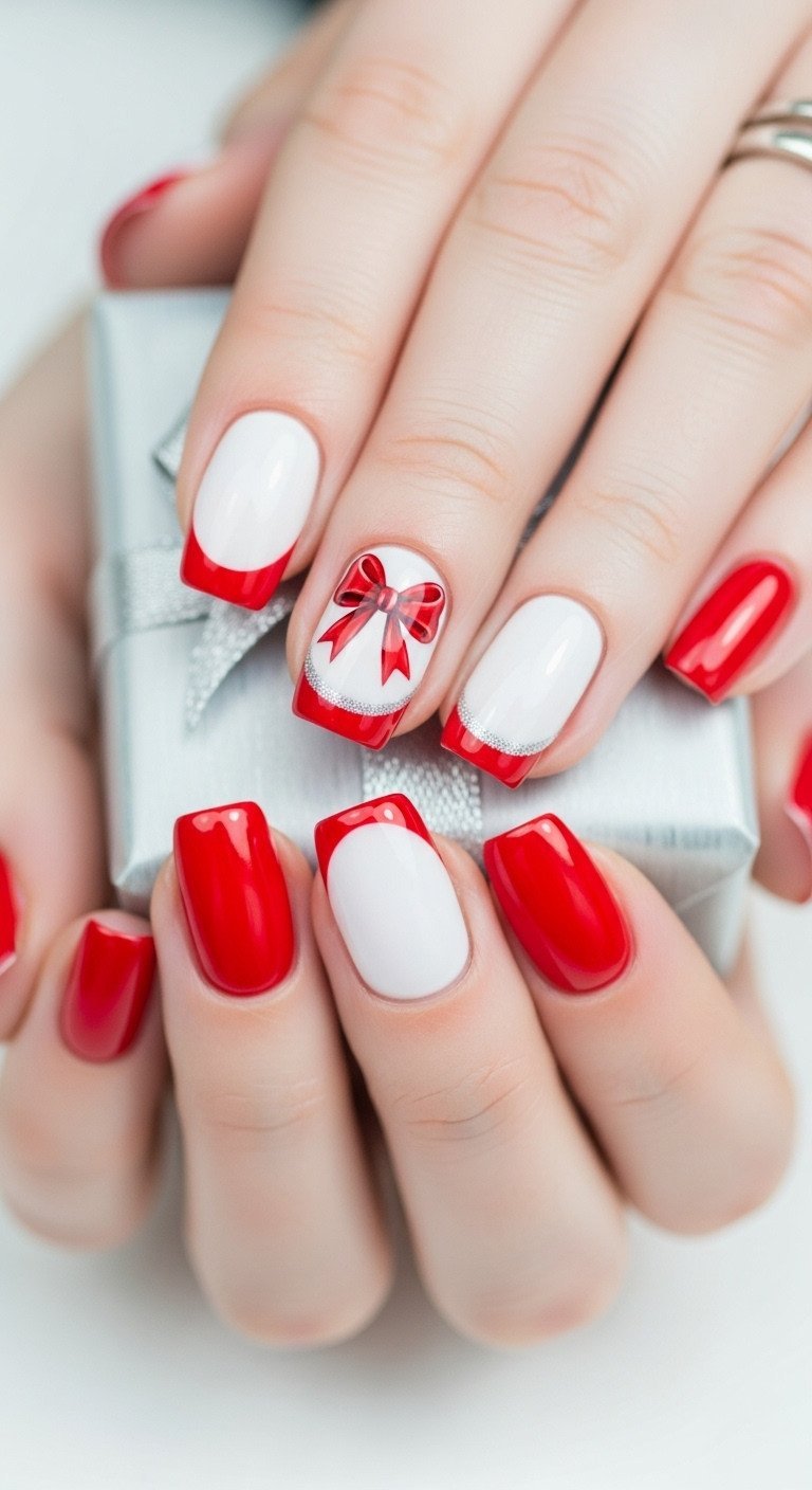 Hand-painted classic red bow nail art on a crisp red and white French manicure, with a silver glitter line and a gift.
