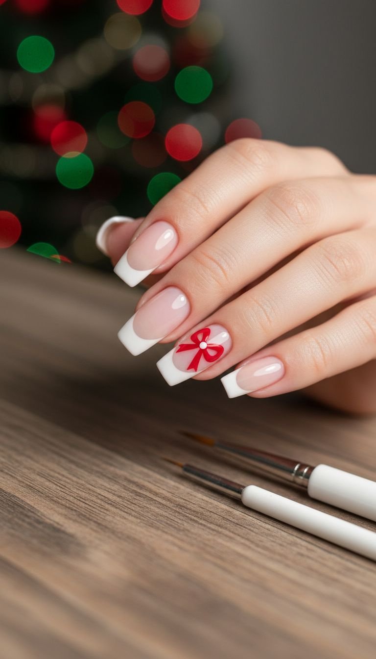 Hand-painted red bow French manicure on white coffin nails, symmetrical holiday design with festive lights background.