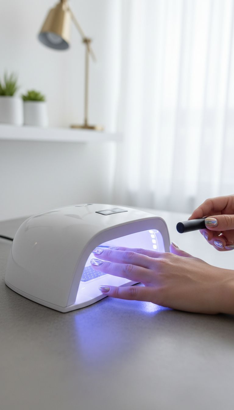 Hand placed in UV/LED lamp, blue light curing magnetic gel polish, emphasizing the nail manicure process.