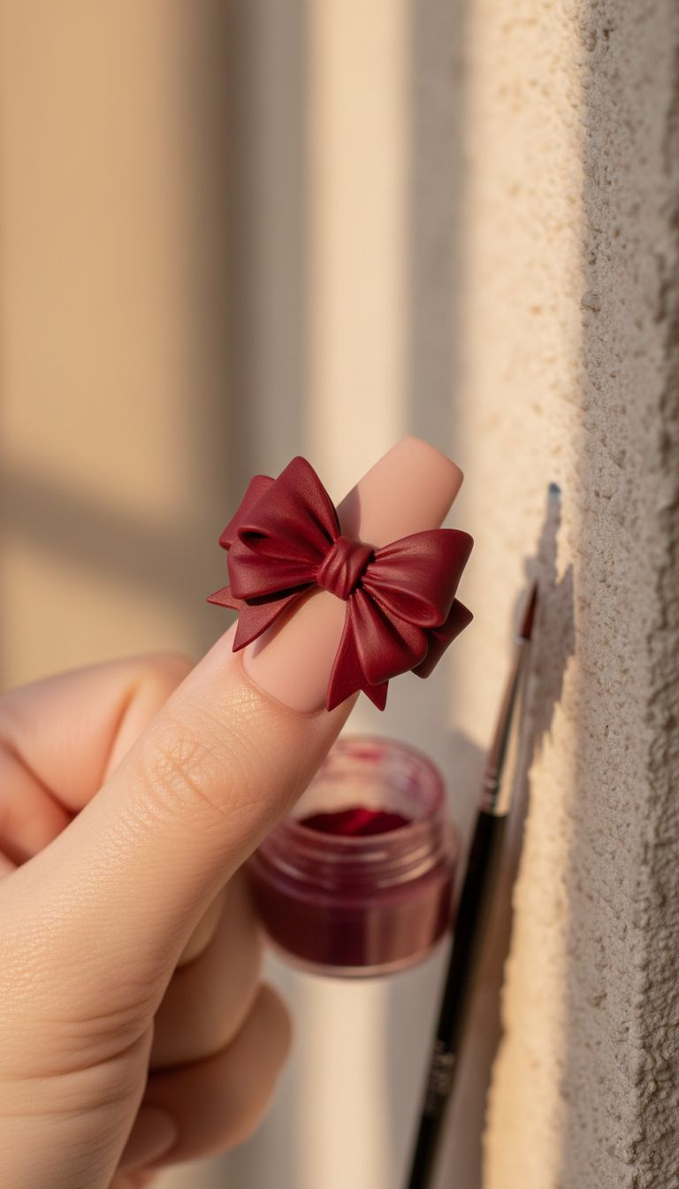 Hand-sculpted red acrylic 3D bow on nude nail base, showcasing layered loops, with acrylic brush and powder. Elegant nail art.