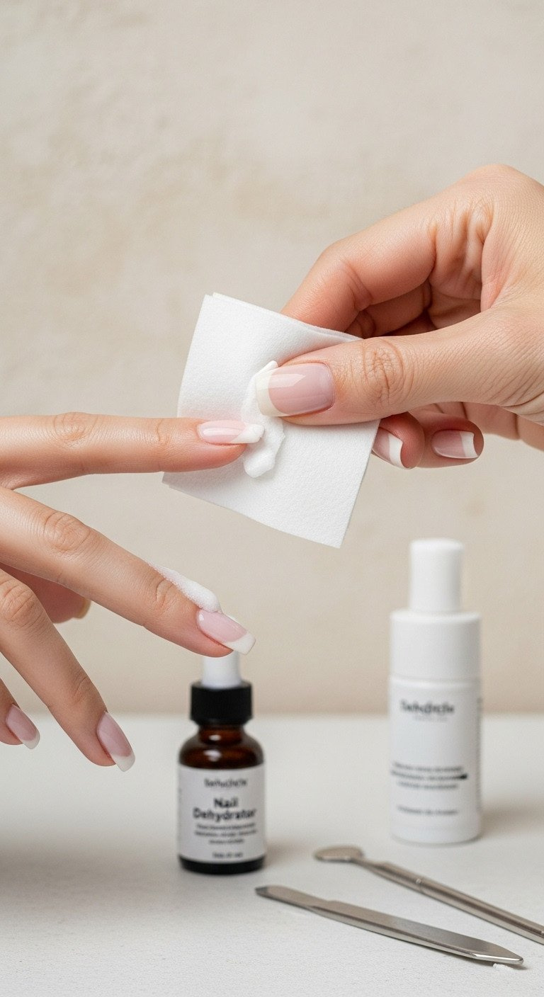 Hand wiping a clean, prepped square nail with a lint-free pad soaked in dehydrator, ensuring proper oil and moisture removal.