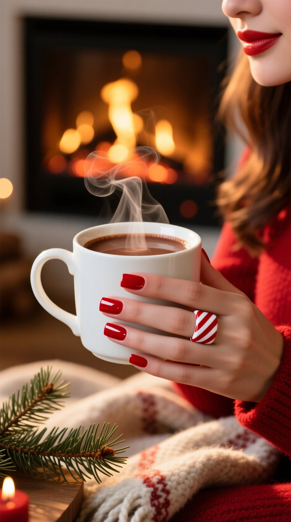 Hand with a classic Christmas manicure holds a white mug. Short, square nails are glossy red with a red and white candy cane accent.