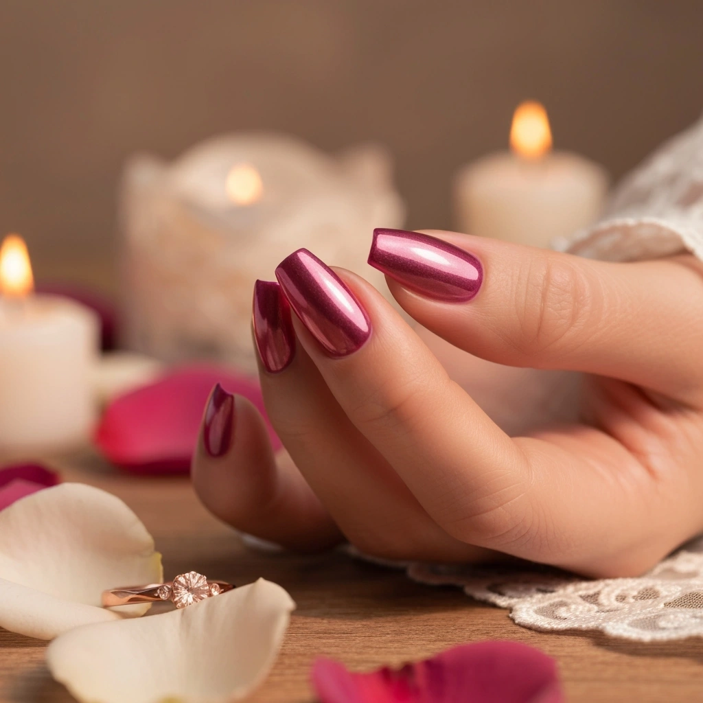 Hand with beautiful rose gold chrome gradient nails, pink to metallic fade, rose gold ring, candlelight.