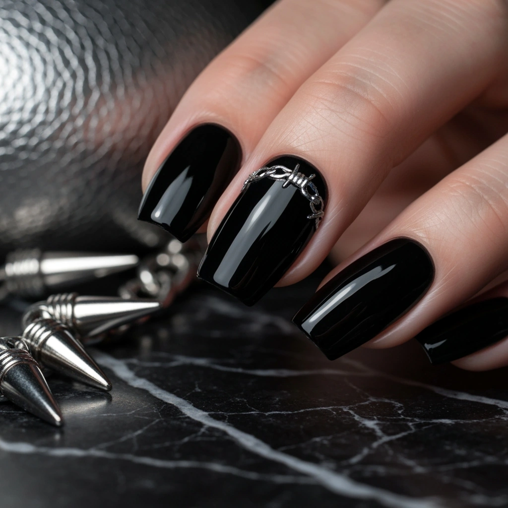 Hand with edgy black chrome nails, deep reflective finish, silver chain accents, spike jewelry.