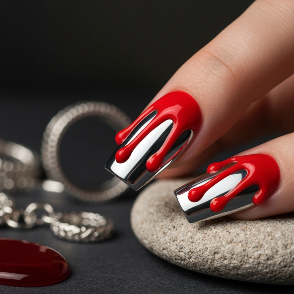 Hand with edgy silver mirror chrome nails, bold red gel drip accents, silver jewelry on stone.