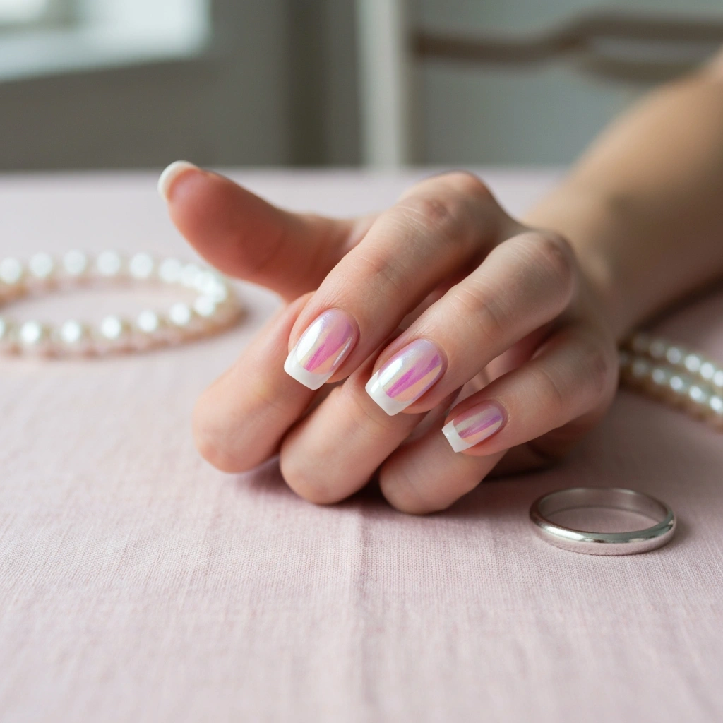 Hand with elegant French tip nails, iridescent pearl chrome finish, nude base, with pearl necklace.