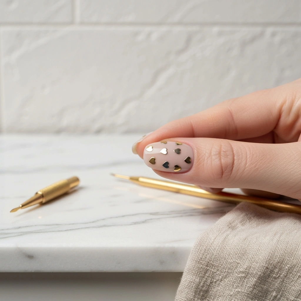 Hand with minimalist beige chrome nails, small gold heart accents. Elegant Valentine's look on marble.