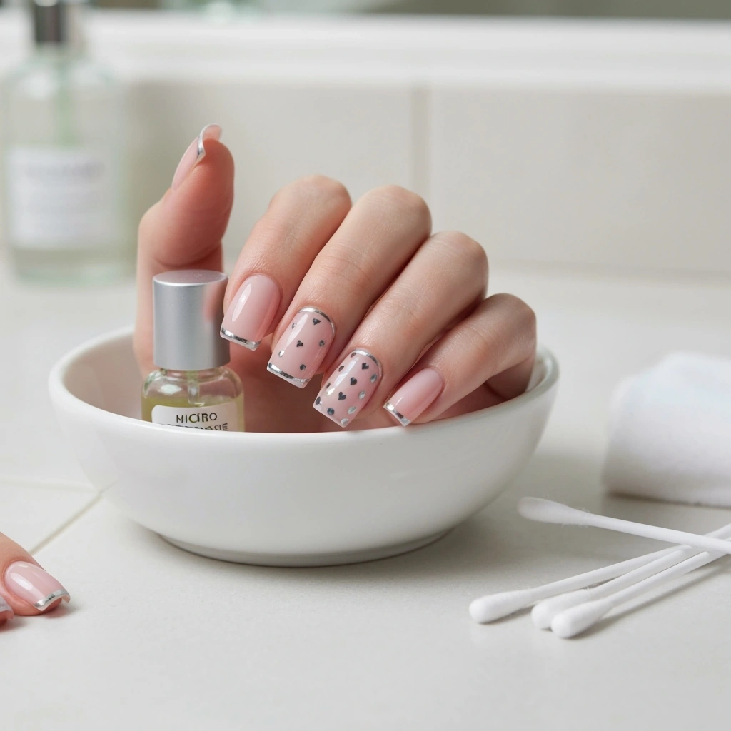 Hand with perfectly groomed short square micro chrome nails, subtle design, cuticle oil on ceramic.