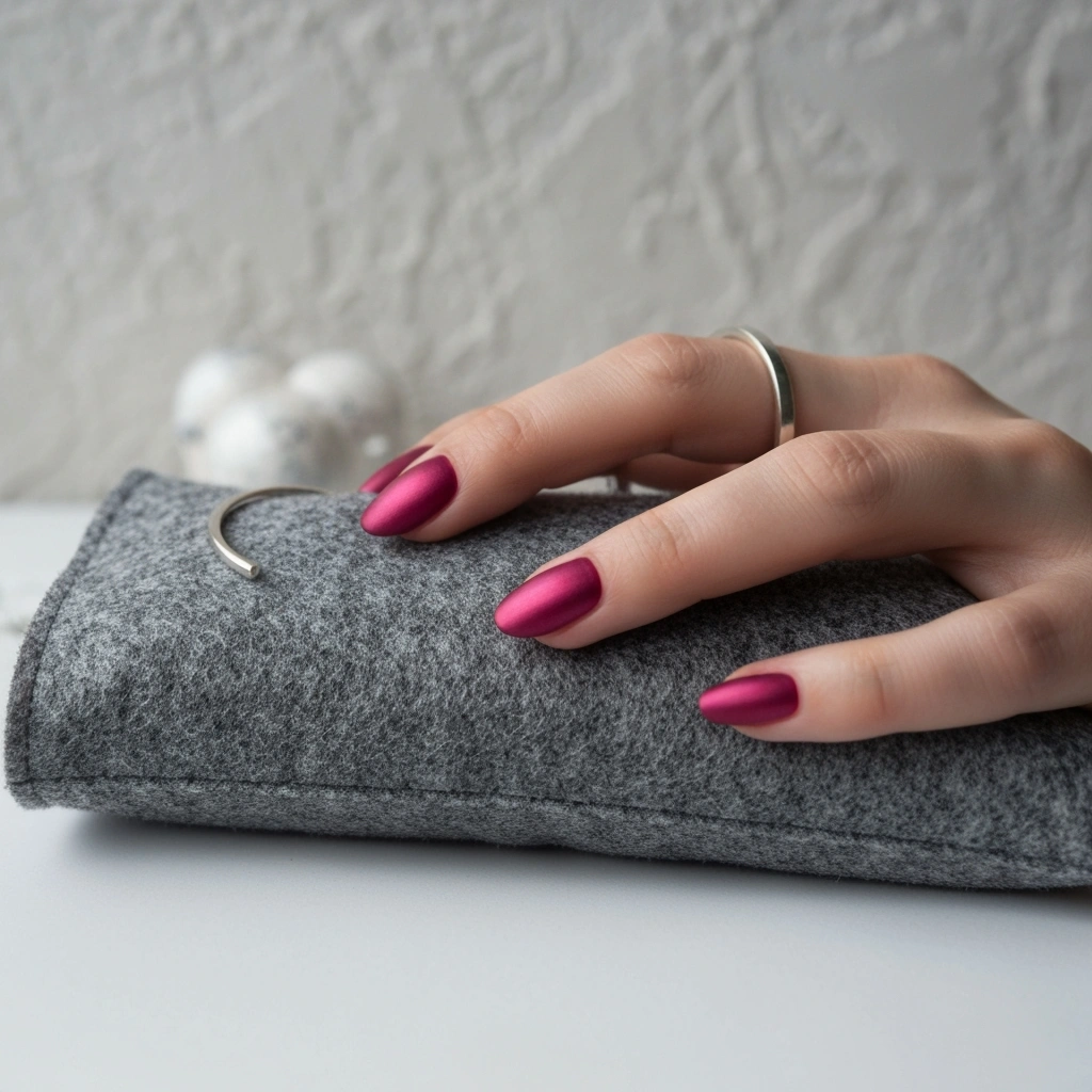 Hand with sophisticated deep pink matte chrome nails, non-reflective finish, silver cuff bracelet.