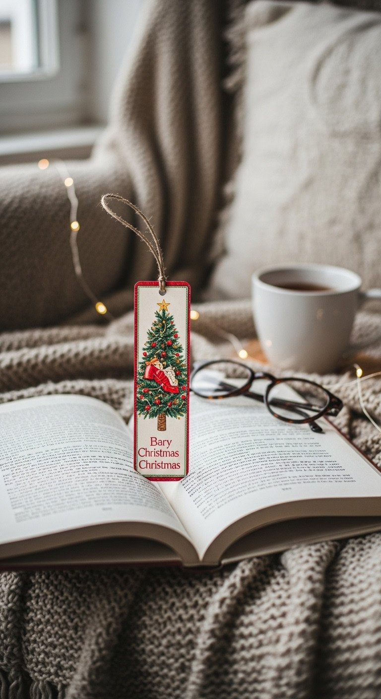 Handmade bookmark made from a vintage Christmas card peeking from an open book on a cozy knit blanket in a reading nook.